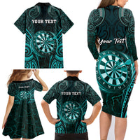 Personalised New Zealand Darts Family Matching Long Sleeve Bodycon Dress and Hawaiian Shirt Turquoise Dart Board Maori Pattern LT05 - Polynesian Pride
