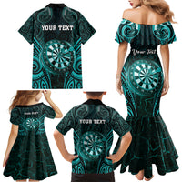 Personalised New Zealand Darts Family Matching Mermaid Dress and Hawaiian Shirt Turquoise Dart Board Maori Pattern LT05 - Polynesian Pride