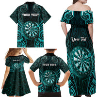 Personalised New Zealand Darts Family Matching Off Shoulder Maxi Dress and Hawaiian Shirt Turquoise Dart Board Maori Pattern LT05 - Polynesian Pride