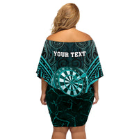 Personalised New Zealand Darts Family Matching Off Shoulder Short Dress and Hawaiian Shirt Turquoise Dart Board Maori Pattern LT05 - Polynesian Pride