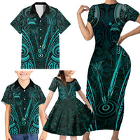 Personalised New Zealand Darts Family Matching Short Sleeve Bodycon Dress and Hawaiian Shirt Turquoise Dart Board Maori Pattern LT05 - Polynesian Pride