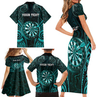 Personalised New Zealand Darts Family Matching Short Sleeve Bodycon Dress and Hawaiian Shirt Turquoise Dart Board Maori Pattern LT05 - Polynesian Pride