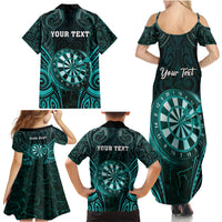 Personalised New Zealand Darts Family Matching Summer Maxi Dress and Hawaiian Shirt Turquoise Dart Board Maori Pattern LT05 - Polynesian Pride