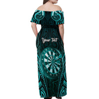 Personalised New Zealand Darts Off Shoulder Maxi Dress Turquoise Dart Board Maori Pattern LT05 - Polynesian Pride