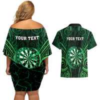 Personalised New Zealand Darts Couples Matching Off Shoulder Short Dress and Hawaiian Shirt Green Dart Board Maori Pattern LT05 - Polynesian Pride