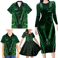 Personalised New Zealand Darts Family Matching Long Sleeve Bodycon Dress and Hawaiian Shirt Green Dart Board Maori Pattern LT05 - Polynesian Pride