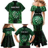 Personalised New Zealand Darts Family Matching Mermaid Dress and Hawaiian Shirt Green Dart Board Maori Pattern LT05 - Polynesian Pride
