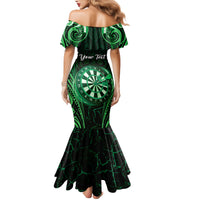 Personalised New Zealand Darts Family Matching Mermaid Dress and Hawaiian Shirt Green Dart Board Maori Pattern LT05 - Polynesian Pride