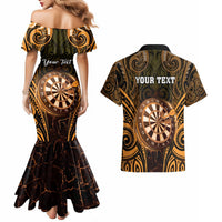 Personalised New Zealand Darts Couples Matching Mermaid Dress and Hawaiian Shirt Gold Dart Board Maori Pattern LT05 - Polynesian Pride
