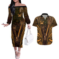 Personalised New Zealand Darts Couples Matching Off The Shoulder Long Sleeve Dress and Hawaiian Shirt Gold Dart Board Maori Pattern LT05 Gold - Polynesian Pride