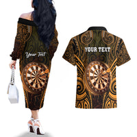 Personalised New Zealand Darts Couples Matching Off The Shoulder Long Sleeve Dress and Hawaiian Shirt Gold Dart Board Maori Pattern LT05 - Polynesian Pride