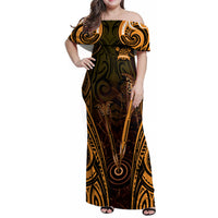 Personalised New Zealand Darts Family Matching Off Shoulder Maxi Dress and Hawaiian Shirt Gold Dart Board Maori Pattern LT05 Mom's Dress Gold - Polynesian Pride