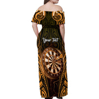 Personalised New Zealand Darts Family Matching Off Shoulder Maxi Dress and Hawaiian Shirt Gold Dart Board Maori Pattern LT05 - Polynesian Pride