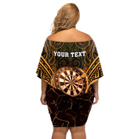 Personalised New Zealand Darts Family Matching Off Shoulder Short Dress and Hawaiian Shirt Gold Dart Board Maori Pattern LT05 - Polynesian Pride