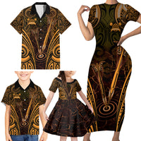 Personalised New Zealand Darts Family Matching Short Sleeve Bodycon Dress and Hawaiian Shirt Gold Dart Board Maori Pattern LT05 - Polynesian Pride
