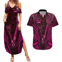 Personalised New Zealand Darts Couples Matching Summer Maxi Dress and Hawaiian Shirt Pink Dart Board Maori Pattern LT05 Pink - Polynesian Pride