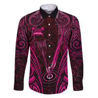 Personalised New Zealand Darts Family Matching Off The Shoulder Long Sleeve Dress and Hawaiian Shirt Pink Dart Board Maori Pattern LT05 Dad's Shirt - Long Sleeve Pink - Polynesian Pride
