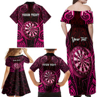 Personalised New Zealand Darts Family Matching Off Shoulder Maxi Dress and Hawaiian Shirt Pink Dart Board Maori Pattern LT05 - Polynesian Pride