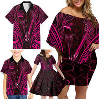 Personalised New Zealand Darts Family Matching Off Shoulder Short Dress and Hawaiian Shirt Pink Dart Board Maori Pattern LT05 - Polynesian Pride