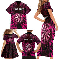 Personalised New Zealand Darts Family Matching Short Sleeve Bodycon Dress and Hawaiian Shirt Pink Dart Board Maori Pattern LT05 - Polynesian Pride