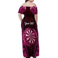 Personalised New Zealand Darts Off Shoulder Maxi Dress Pink Dart Board Maori Pattern LT05 - Polynesian Pride