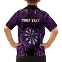Personalised New Zealand Darts Family Matching Off The Shoulder Long Sleeve Dress and Hawaiian Shirt Purple Dart Board Maori Pattern LT05 - Polynesian Pride