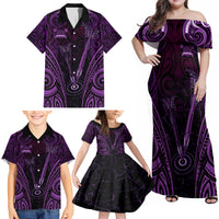 Personalised New Zealand Darts Family Matching Off Shoulder Maxi Dress and Hawaiian Shirt Purple Dart Board Maori Pattern LT05 - Polynesian Pride