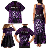 Personalised New Zealand Darts Family Matching Tank Maxi Dress and Hawaiian Shirt Purple Dart Board Maori Pattern LT05 - Polynesian Pride
