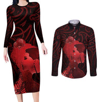 Aotearoa Mana Wahine Couples Matching Long Sleeve Bodycon Dress and Long Sleeve Button Shirt The Spiritual Power Of Women LT05 Red - Polynesian Pride