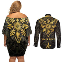 Personalised Philippines Independence Day Couples Matching Off Shoulder Short Dress and Long Sleeve Button Shirt Filipinos Sun Star Tribal