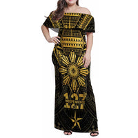 Personalised Philippines Independence Day Family Matching Off Shoulder Maxi Dress and Hawaiian Shirt Filipinos Sun Star Tribal LT05 Mom's Dress Gold - Polynesian Pride