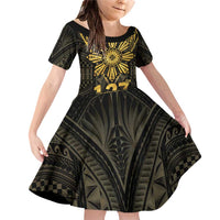 Personalised Philippines Independence Day Family Matching Off Shoulder Short Dress and Hawaiian Shirt Filipinos Sun Star Tribal LT05 Daughter's Dress Gold - Polynesian Pride