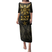 Personalised Philippines Independence Day Family Matching Puletasi and Hawaiian Shirt Filipinos Sun Star Tribal LT05 Mom's Dress Gold - Polynesian Pride