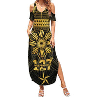 Personalised Philippines Independence Day Family Matching Summer Maxi Dress and Hawaiian Shirt Filipinos Sun Star Tribal LT05 Mom's Dress Gold - Polynesian Pride
