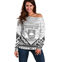 Personalised Kiribati Gospel Day Off Shoulder Sweater Coat Of Arms Polynesian Pattern LT05 Women White - Polynesian Pride