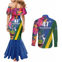 Solomon Islands Independence Day Couples Matching Mermaid Dress and Long Sleeve Button Shirt Coat Of Arms With Tropical Flowers LT05 - Polynesian Pride