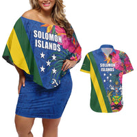 Solomon Islands Independence Day Couples Matching Off Shoulder Short Dress and Hawaiian Shirt Coat Of Arms With Tropical Flowers LT05 Blue - Polynesian Pride