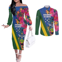Solomon Islands Independence Day Couples Matching Off The Shoulder Long Sleeve Dress and Long Sleeve Button Shirt Coat Of Arms With Tropical Flowers LT05 Blue - Polynesian Pride