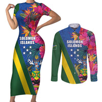 Solomon Islands Independence Day Couples Matching Short Sleeve Bodycon Dress and Long Sleeve Button Shirt Coat Of Arms With Tropical Flowers LT05 Blue - Polynesian Pride