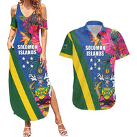 Solomon Islands Independence Day Couples Matching Summer Maxi Dress and Hawaiian Shirt Coat Of Arms With Tropical Flowers LT05 Blue - Polynesian Pride