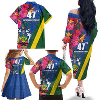 Solomon Islands Independence Day Family Matching Off The Shoulder Long Sleeve Dress and Hawaiian Shirt Coat Of Arms With Tropical Flowers LT05 - Polynesian Pride