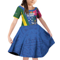 Solomon Islands Independence Day Family Matching Off Shoulder Short Dress and Hawaiian Shirt Coat Of Arms With Tropical Flowers LT05 Daughter's Dress Blue - Polynesian Pride