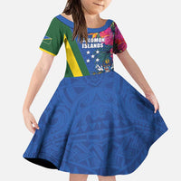 Solomon Islands Independence Day Family Matching Puletasi and Hawaiian Shirt Coat Of Arms With Tropical Flowers LT05 Daughter's Dress Blue - Polynesian Pride