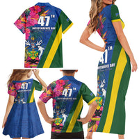Solomon Islands Independence Day Family Matching Short Sleeve Bodycon Dress and Hawaiian Shirt Coat Of Arms With Tropical Flowers LT05 - Polynesian Pride