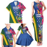 Solomon Islands Independence Day Family Matching Tank Maxi Dress and Hawaiian Shirt Coat Of Arms With Tropical Flowers LT05 - Polynesian Pride