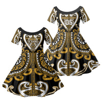 Custom Aotearoa Ngai Te Rangi Family Matching Off Shoulder Short Dress and Hawaiian Shirt Maori Tribal Pattern LT05 Daughter's Dress Gold - Polynesian Pride