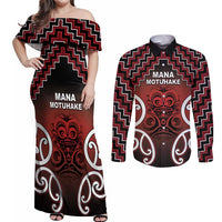 Personalised Aotearoa Mana Motuhake Couples Matching Off Shoulder Maxi Dress and Long Sleeve Button Shirt Poutama With Maori Pattern - Polynesian Pride