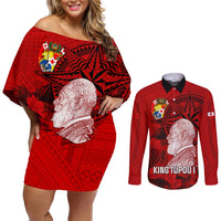 Personalized Tonga King Tupou I Day Couples Matching Off Shoulder Short Dress and Long Sleeve Button Shirts Tropical Flowers With Ngatu Pattern LT05 Red - Polynesian Pride