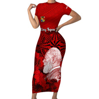 Personalized Tonga King Tupou I Day Short Sleeve Bodycon Dress Tropical Flowers With Ngatu Pattern LT05 Long Dress Red - Polynesian Pride