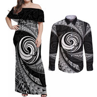 Personalised New Zealand Bungy Jumping Couples Matching Off Shoulder Maxi Dress and Long Sleeve Button Shirt Maori Pattern LT05 Black - Polynesian Pride